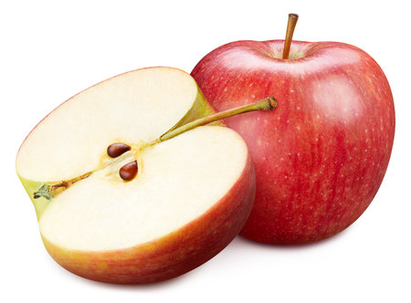 Whole and half apple on white background. Organic apple isolated on white background. Taste apple with leaf.の写真素材
