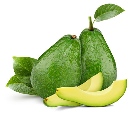 Avocado fruit with avocado leaf isolated on white background. Avocado clipping path. Professional studio macro shootingの写真素材