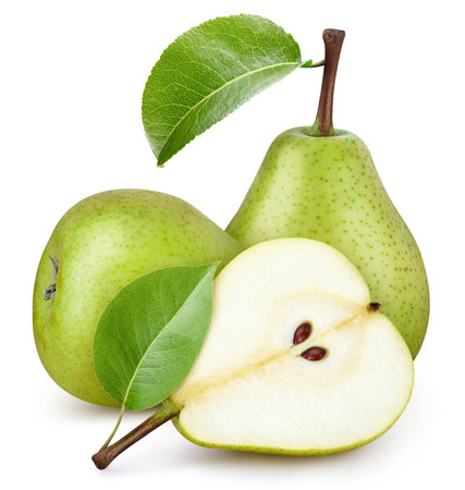 Pear isolated on white background. Pear and half pear on white background. Pear with clipping pathの写真素材