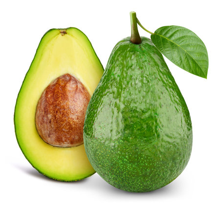 Isolated avocado. Fresh organic avocado with leaves isolated clipping path. Avocado macro studio photo.の写真素材