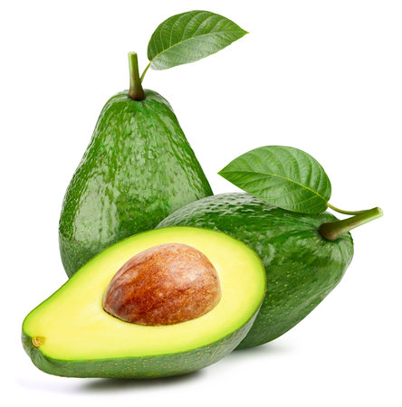 Whole avocado and cut avocado on white background. Organic avocado isolated on white background. Taste avocado with leafの写真素材