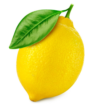 Lemon with leaf isolated on white background.の写真素材