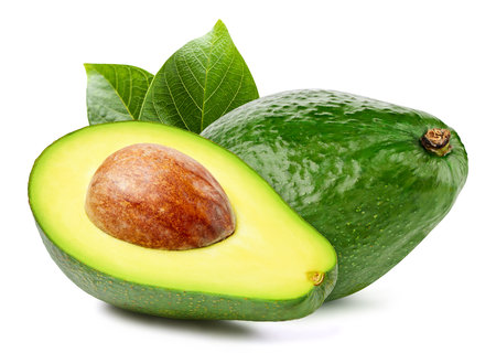 Isolated avocado. Fresh organic avocado with leaves isolated clipping path. Avocado macro studio photo.の写真素材