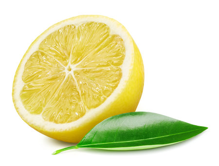 Juicy lemons isolated on the white background. Fresh lemons and leaf. Clipping path lemons. lemons macro studio photoの写真素材