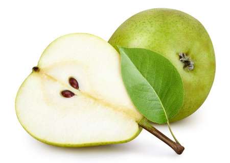 Pear fruit with pear leaf isolated on white background. Pear clipping path. Professional studio macro shootingの写真素材