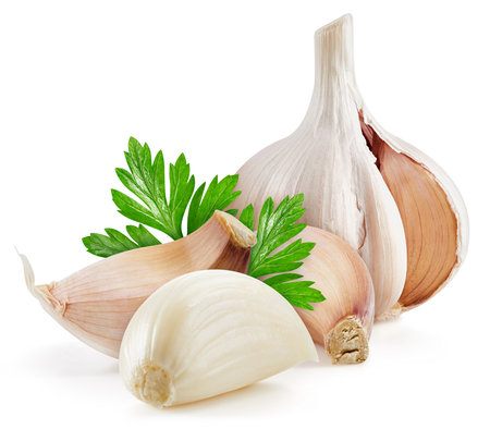 Garlic with leaf isolated on white background. Garlic clipping path. High End Retouchingの写真素材