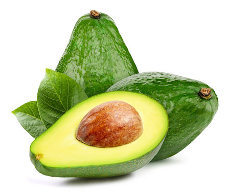 Isolated avocado. Fresh organic avocado with leaves isolated clipping path. Avocado macro studio photo.の写真素材