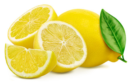 Lemons and leaves, isolated on white background. Full depth of field.の写真素材