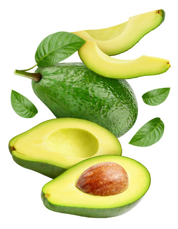 Avocado isolated on white background. Ripe fresh avocado Clipping Path. Avocado with leafの写真素材