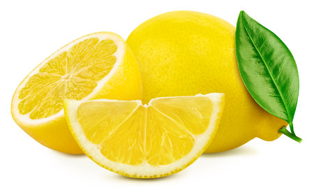 Lemon fruit with leaf isolate. Lemon whole, half, slice, leaves on white. Lemon clipping path.の写真素材