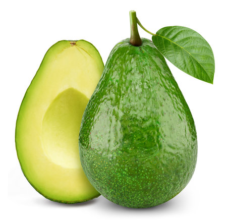 Avocado isolated on white background. Ripe fresh avocado Clipping Path. Avocado with leafの写真素材