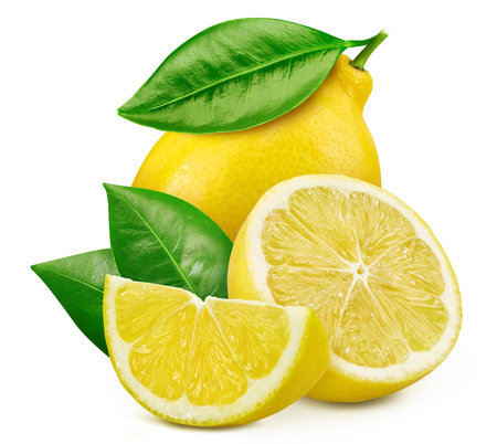 Lemon fruit with leaf isolate. Lemon whole, half, slice, leaves on white. Lemon clipping path.の写真素材