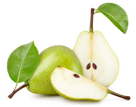 Pear fruit with pear leaf isolated on white background. Pear clipping path. Professional studio macro shootingの写真素材