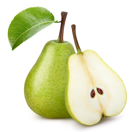 Pear fruit with pear leaf isolated on white background.   Professional studio macro shootingの写真素材