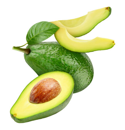 Ripe avocado with leaves. Organic avocado isolated on white background. Taste avocado with leaf.の写真素材