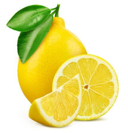 Fresh lemon with leaves. Lemon isolated on white background.   Lemon macro studio photoの写真素材