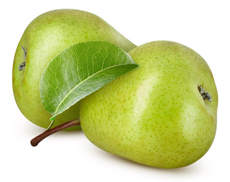 Pear fruit with pear leaf isolated on white background.  Professional studio macro shootingの写真素材