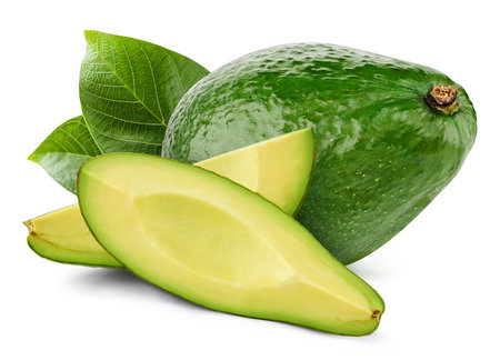 Isolated avocado. Fresh organic avocado with leaves . Avocado macro studio photo.の写真素材