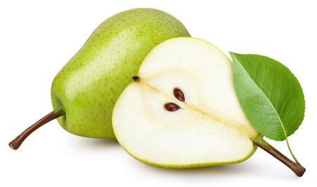 Ripe pear with leaves. Organic pear isolated on white background. Taste pear with leaf.の写真素材