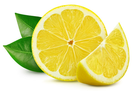 Juicy lemons isolated on the white background. Fresh lemons and leaf.の写真素材