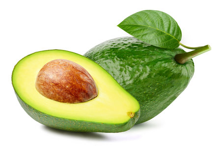 Whole avocado and cut avocado on white background. Organic avocado isolated on white background. Taste avocado with leafの写真素材