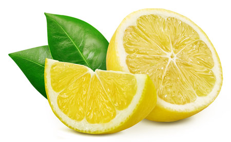 Composition with lemons isolated on white background. Lemon fruit with leaf isolate. Lemon clipping path.の写真素材