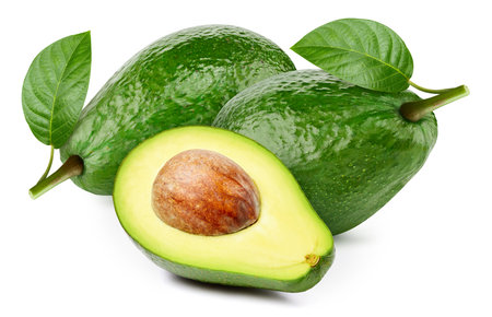 Avocado fruit with avocado leaf isolated on white background. Avocado clipping path. Professional studio macro shootingの写真素材
