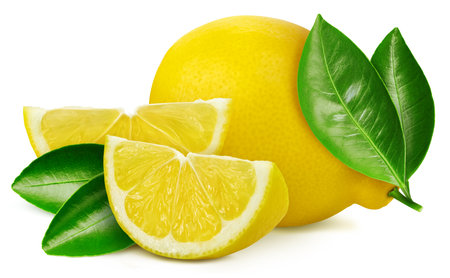 Composition with lemons isolated on white background. Lemon fruit with leaf isolate. Lemon clipping path.の写真素材