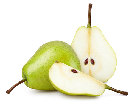 Pear Clipping Path. Ripe whole pear fruit and half isolated on white background with clipping path. Pear fruit macro studio photoの写真素材