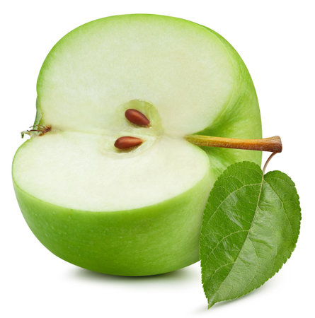 Organic green apple isolated on white background. Taste apple with leaf. Full depth of field with clipping pathの写真素材