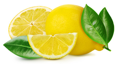 Juicy lemons isolated on the white background. Fresh lemons and leaf. Clipping path lemons. lemons macro studio photoの写真素材