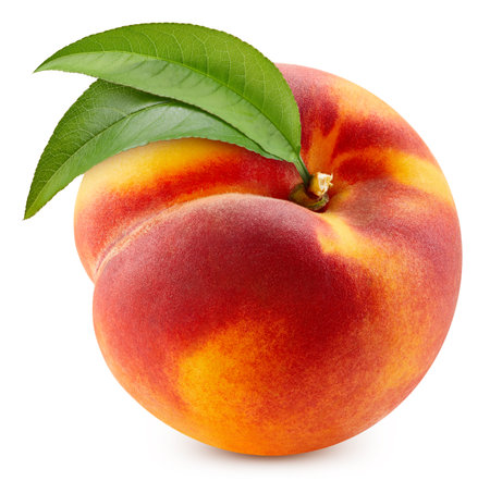 Peach and leaves, isolated on white background. Full depth of field. Peach With clipping pathの写真素材