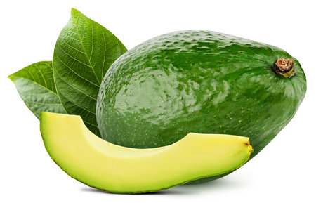 Isolated avocado. Fresh organic avocado with leaves isolated clipping path. Avocado macro studio photo.の写真素材