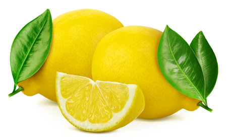 Juicy lemons isolated on the white background. Fresh lemons and leaf. Clipping path lemons. lemons macro studio photoの写真素材