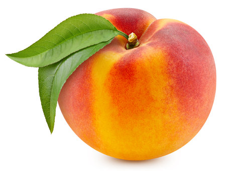 Peach and leaves, isolated on white background. Full depth of field. Peach With clipping pathの写真素材
