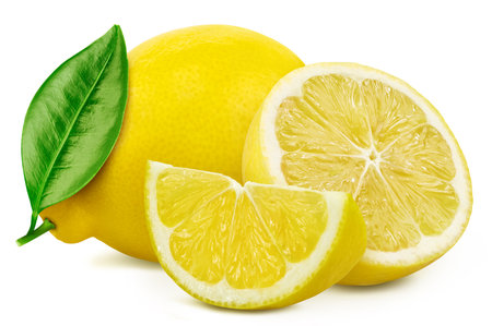 Lemons fruit with pear leaf isolated on white background.  Professional studio macro shootingの写真素材