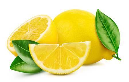 Juicy lemons isolated on the white background. Fresh lemons and leaf. Clipping path lemons. lemons macro studio photoの写真素材