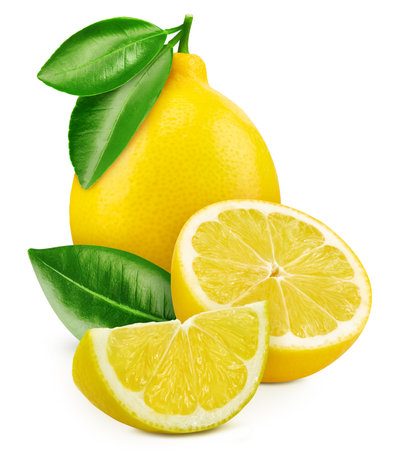 Juicy lemons isolated on the white background. Fresh lemons leaf. Clipping path lemons. lemons macro studio photoの写真素材