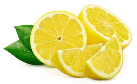Juicy lemons isolated on the white background. Fresh lemons and leaf. Clipping path lemons. lemons macro studio photoの写真素材