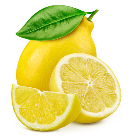 Composition with lemons isolated on white background. Lemon fruit with leaf isolate.の写真素材