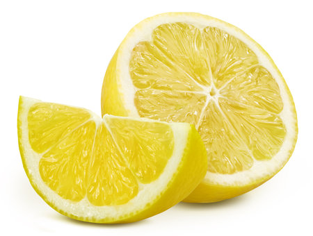 Juicy lemons isolated on the white background. Lemon half and slice. Fresh fruits isolated on white backgroundの写真素材