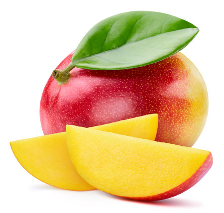 Ripe mango with leaves. Organic mango isolated on white background. Taste mango with leaf.の写真素材