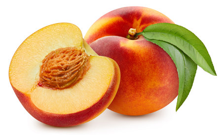 Juicy peach isolated on the white background. Fresh peach and leaf.の写真素材