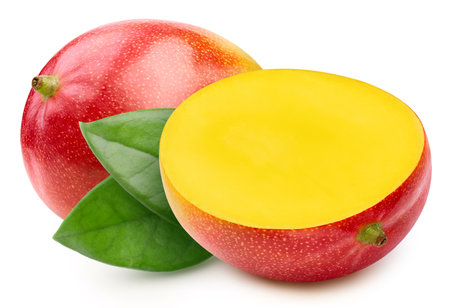 Natural Mango fruit with cut in half and green leaves isolated on white background.の写真素材