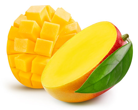 Natural Mango fruit with cut in half and green leaves isolated on white background.の写真素材
