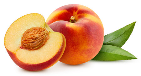 Fresh peach with leaves. Peach isolated on white background. Clipping path peach. Peach macro studio photoの写真素材