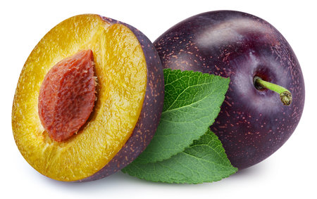 Juicy plum isolated on the white background. Plum half and slice. Fresh fruits isolated on white backgroundの写真素材