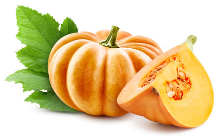Ripe pumpkin with leaves. Organic pumpkin isolated on white background. Taste pumpkin with leaf. With clipping pathの写真素材