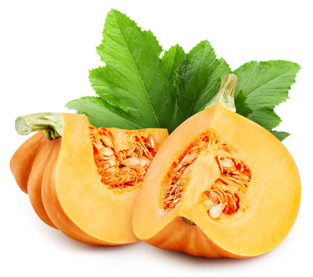 Ripe pumpkin with leaves. Organic pumpkin isolated on white background. Taste pumpkin with leaf. With clipping pathの写真素材
