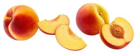 Flying peach isolated on the white background. Fresh peach Clipping path. Peach macro studio photoの写真素材
